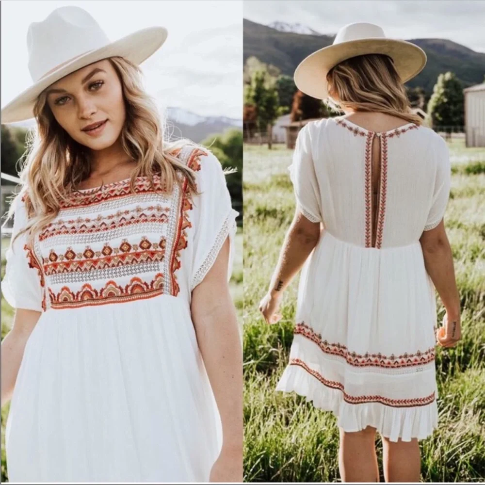 FREE PEOPLE Ivory Embroidered Sunrise Wanderer Mini Dress